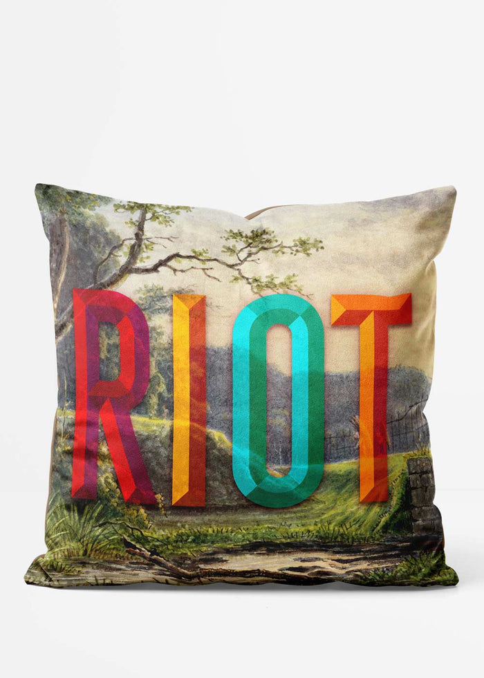 Riot Typography Altered Art Cushion, front view