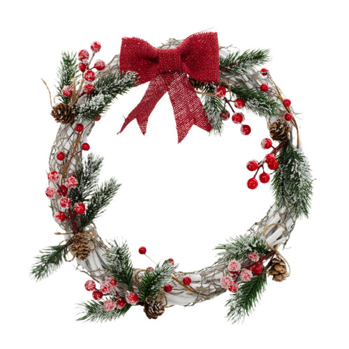 A decorative Christmas wreath made with white wires, green pine needles, red berries, and a red bow, crafted by KJ Made.