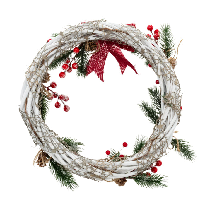Back of a decorative Christmas wreath made with white wires, green pine needles, red berries, and a red bow, crafted by KJ Made.