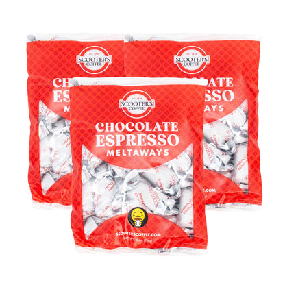 Three packages of Scooter's Coffee Chocolate Espresso Meltaways on a white background