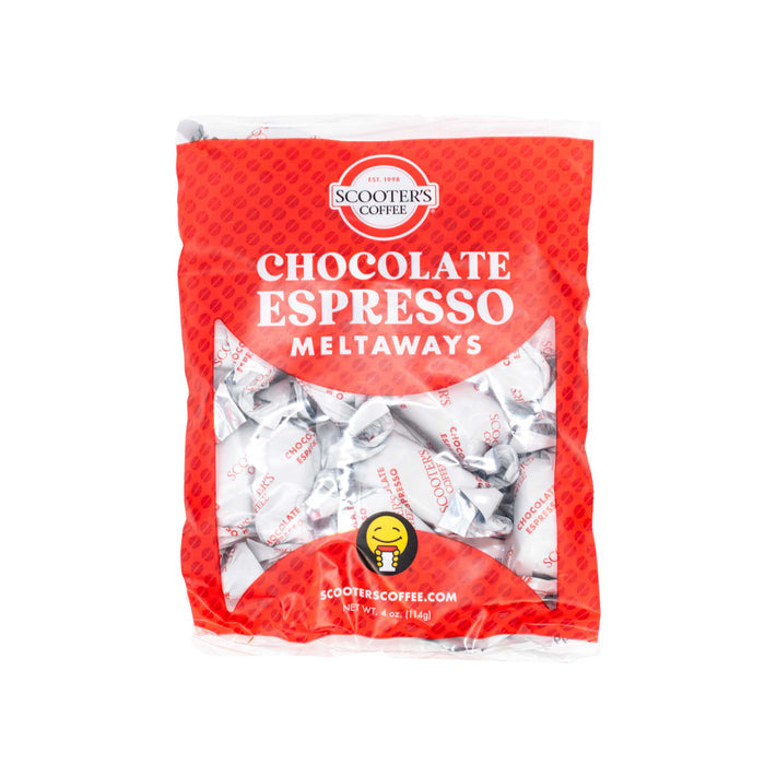 Bag of Scooter's Coffee Chocolate Espresso Meltaways on a white background