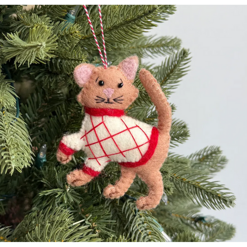 Tan Cat in Sweater Felt Wool Ornament