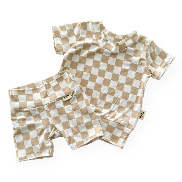 Taupe Retro Checkered Biker Shorts Lounge Set