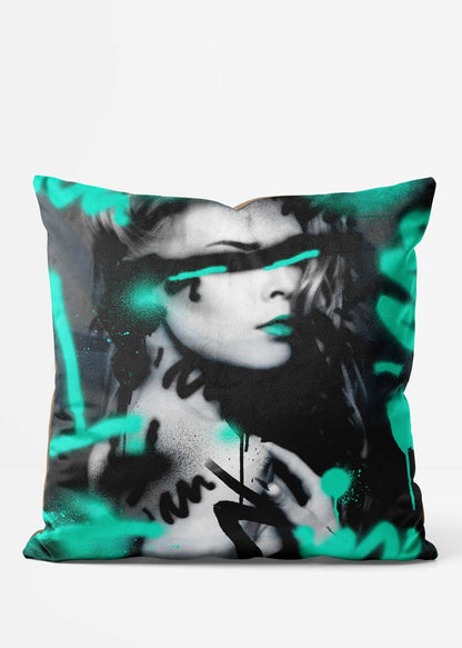 Teal Spraypaint Graffiti Model Cushion, front view