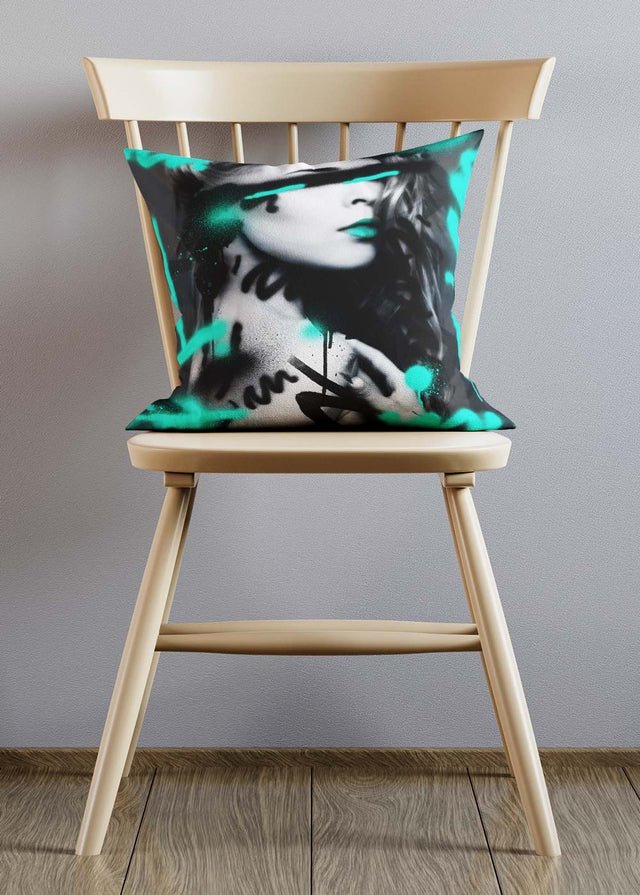 Teal Spraypaint Graffiti Model Cushion