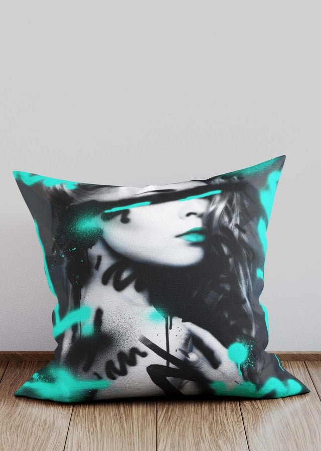 Teal Spraypaint Graffiti Model Cushion