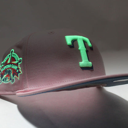 Texas Rangers 1995 All Star Game New Era 59Fifty Fitted Hat (Glow in the Dark Pink Sky Blue Under Brim)