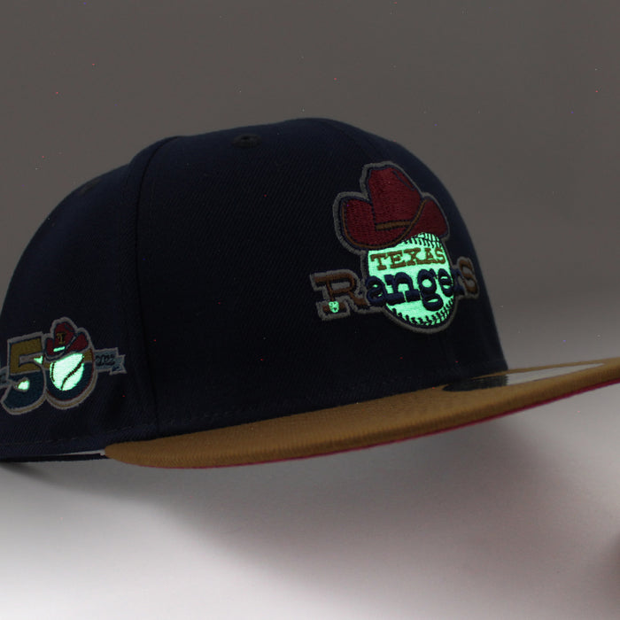 Texas Rangers 50TH ANNIVERSARY New Era 59Fifty Fitted Hat (Glow in the Dark Oceanside Peanut Pino Red Under Brim)