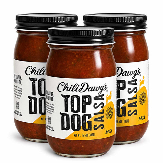 Three glass jars of Chili Dawg's Top Dog Salsa arranged together on a white background, with the center jar in front and black lids on all jars.