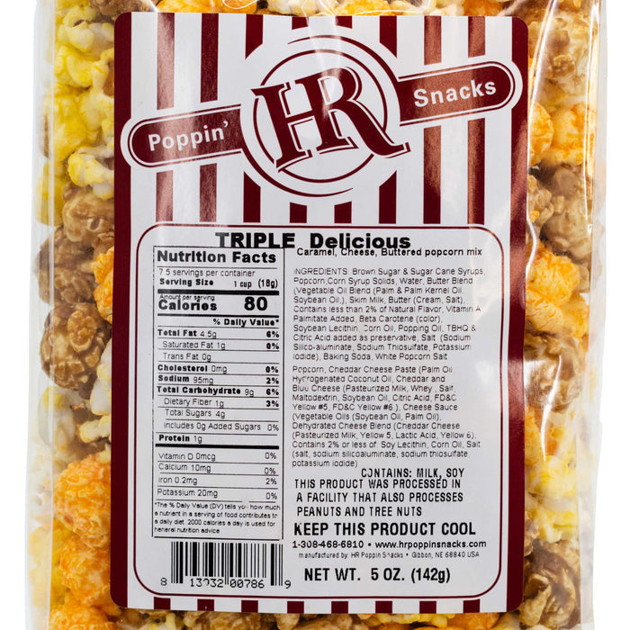 Triple Delicious Caramel, Cheese and Buttered Popcorn | Pack of 3 | 5 oz | HR Poppin' Snacks