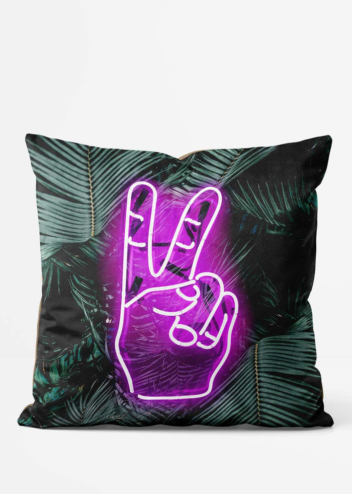 Tropical Neon Peace Fingers Cushion, front view in green and pink