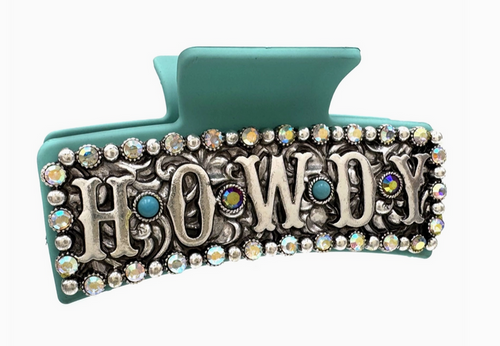 Western Howdy Rhinestone Silver Turquoise Hair Claw