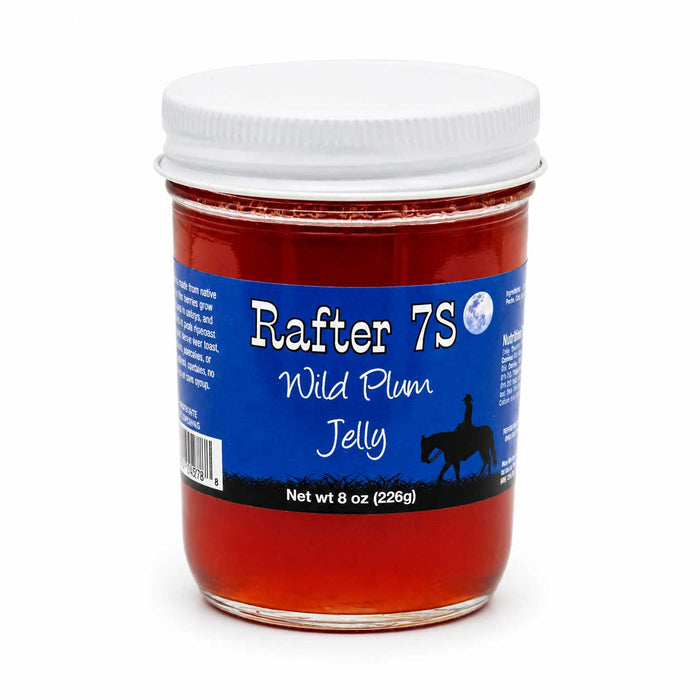Jar of Rafter 7S Wild Plum Jelly with a blue label on a white background